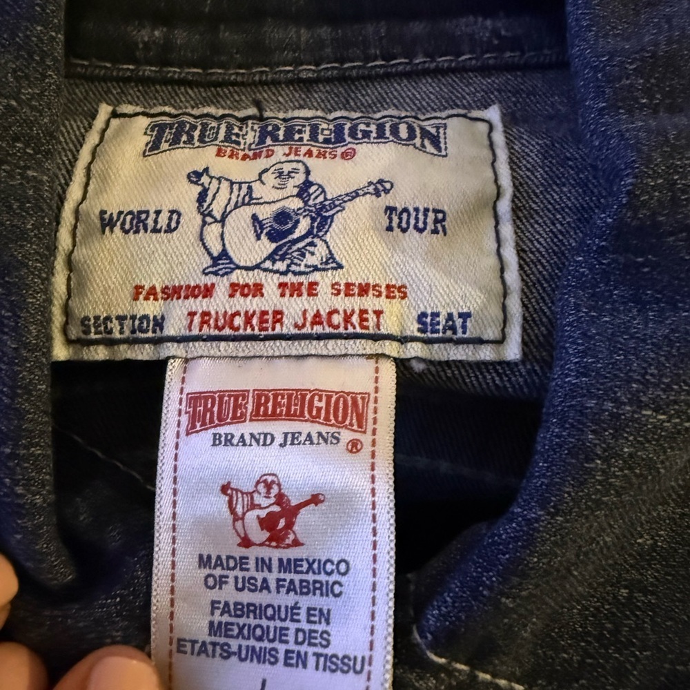 Y2K True Religion Trucker Jacket Dark Wash Stretch Denim Jean Coat Size L - Picture 6 of 7
